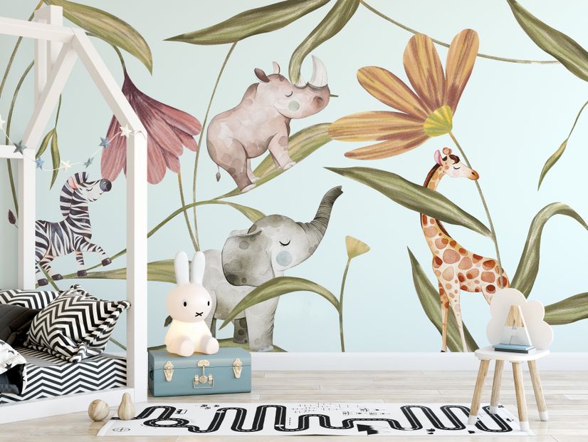 Nursery Tropical Animals with Flowers Wallpaper Mural