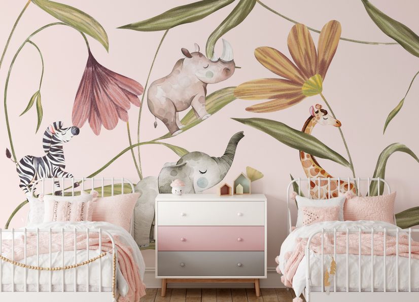 Nursery Tropical Animals with Flowers Wallpaper Mural