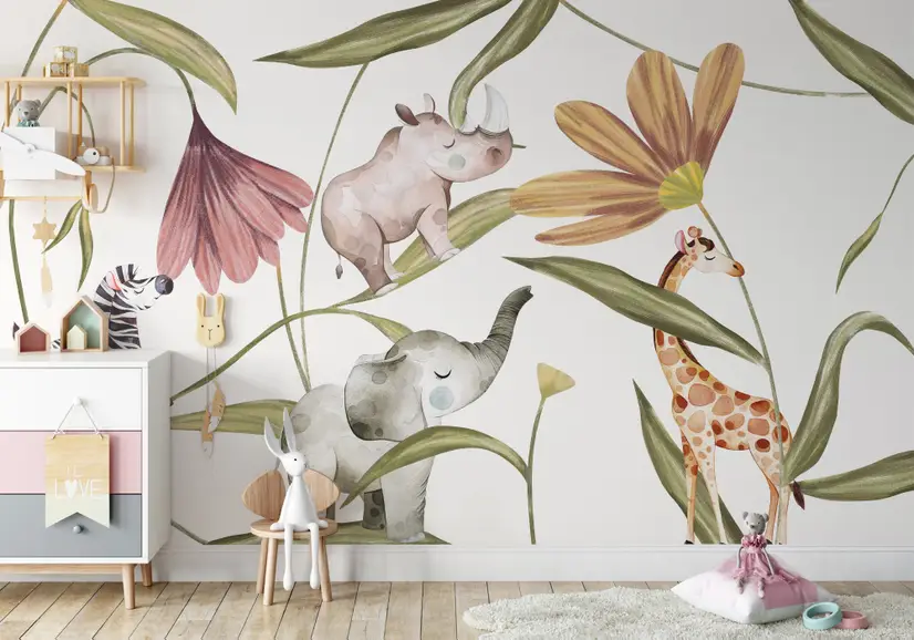 Fototapete Tropische Tiere im Kinderzimmer mit Blumen Fototapete Tropische Tiere im Kinderzimmer mit Blumen