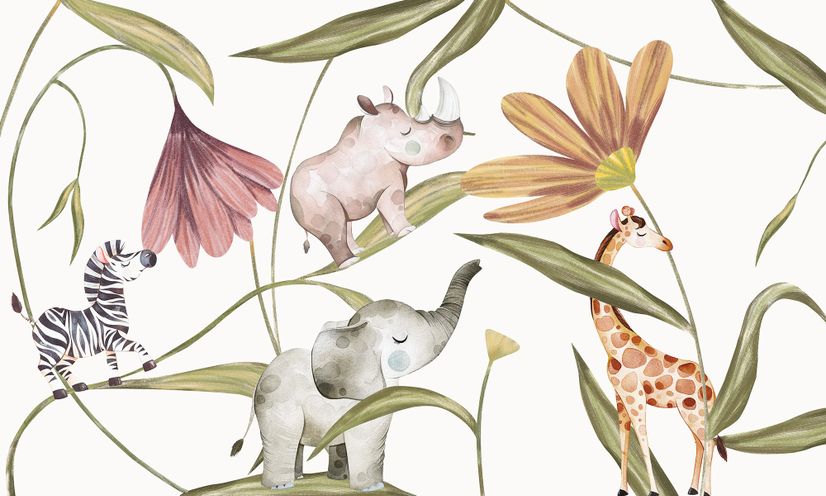 Nursery Tropical Animals with Flowers Wallpaper Mural