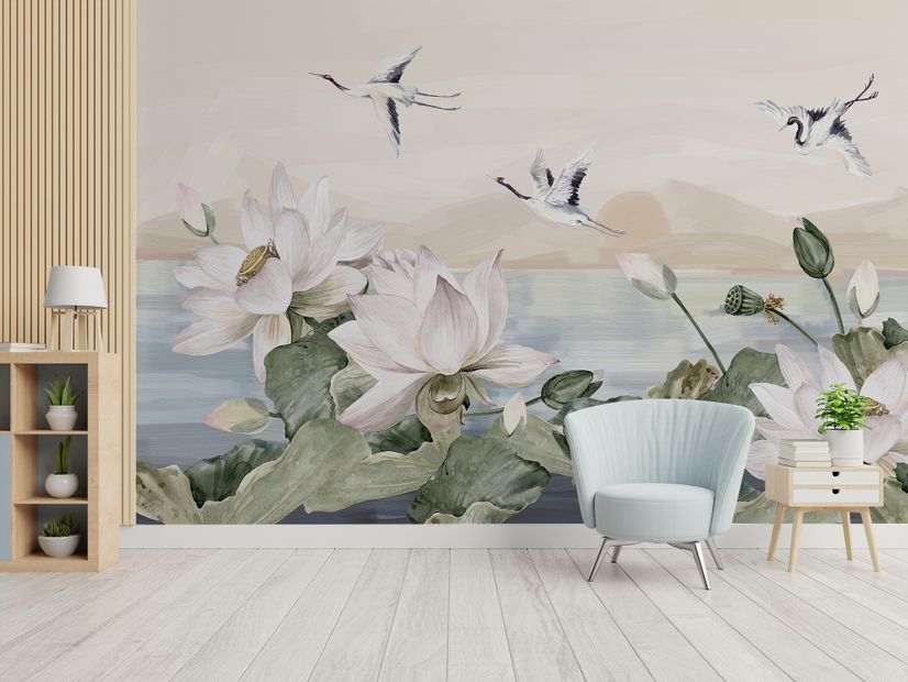 White Lotus Floral and Crane Birds Wallpaper Mural