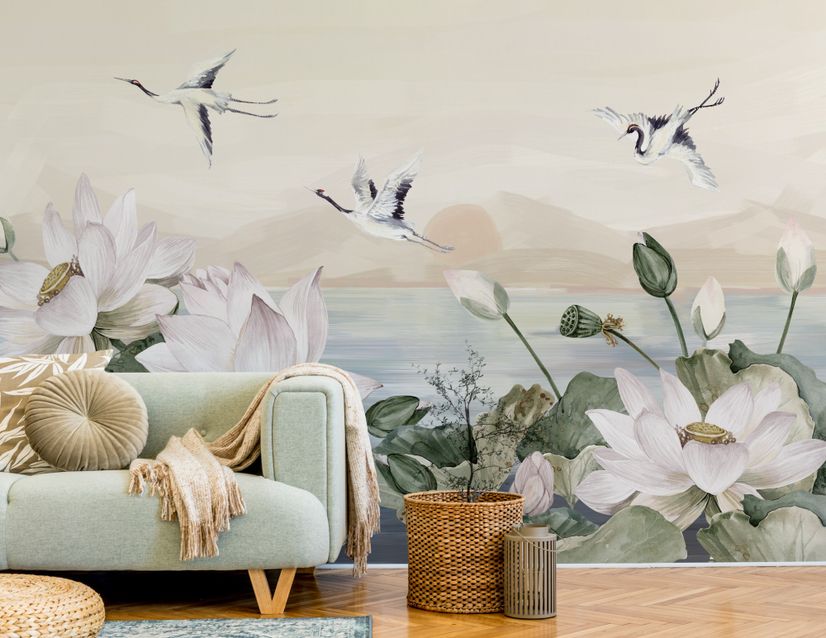 Papier peint lotus blanc oiseaux grue