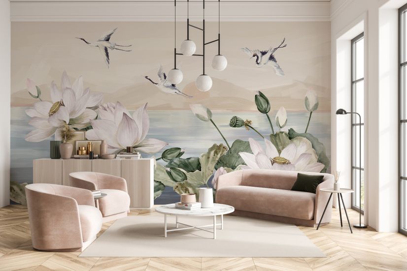 White Lotus Floral and Crane Birds Wallpaper Mural