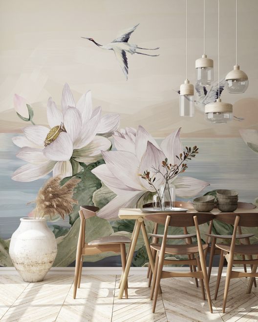 White Lotus Floral and Crane Birds Wallpaper Mural