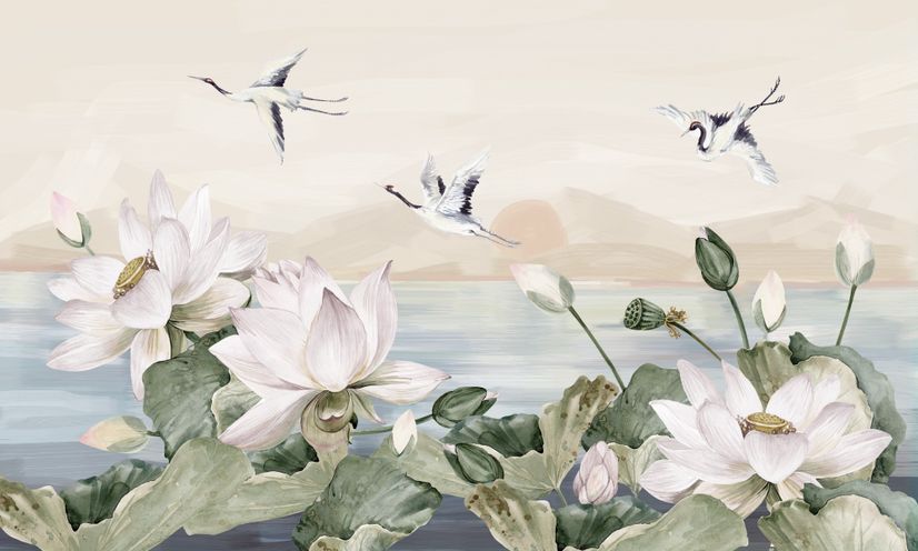 White Lotus Floral and Crane Birds Wallpaper Mural