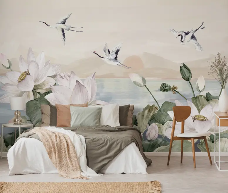 White Lotus Floral and Crane Birds Wallpaper Mural