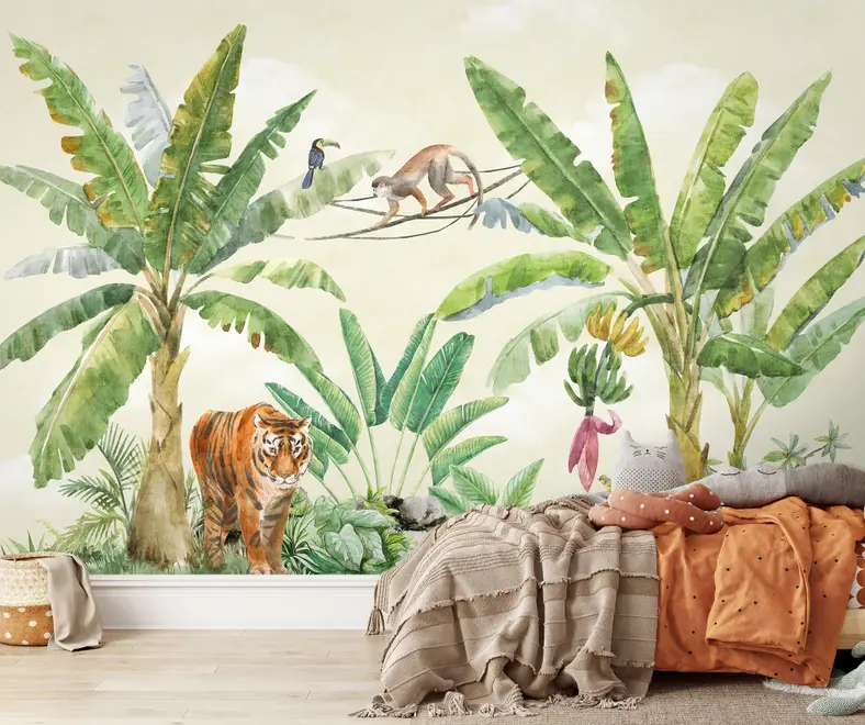 Watercolor Safari Animals in the Rainforest Wallpaper Mural for Kids