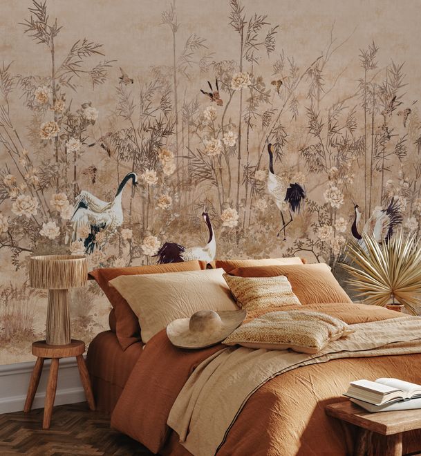 Chinese Peony Flowers and Bamboo Landscape with Crane Birds