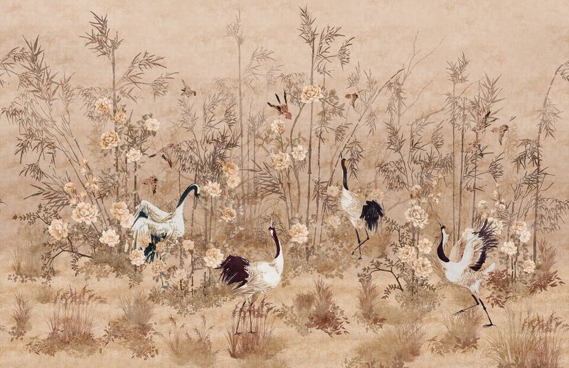 Chinese Peony Flowers and Bamboo Landscape with Crane Birds
