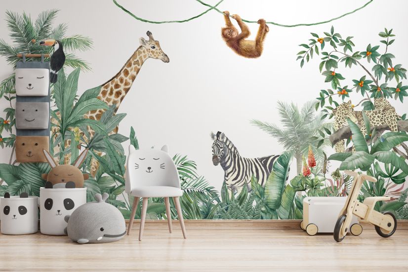 Cute Safari Animals with Jungle Kids Wallpaper Mural