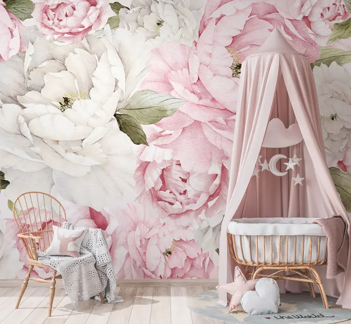 Nursery Watercolor Pink Peony Floral Blossom Wallpaper Mural