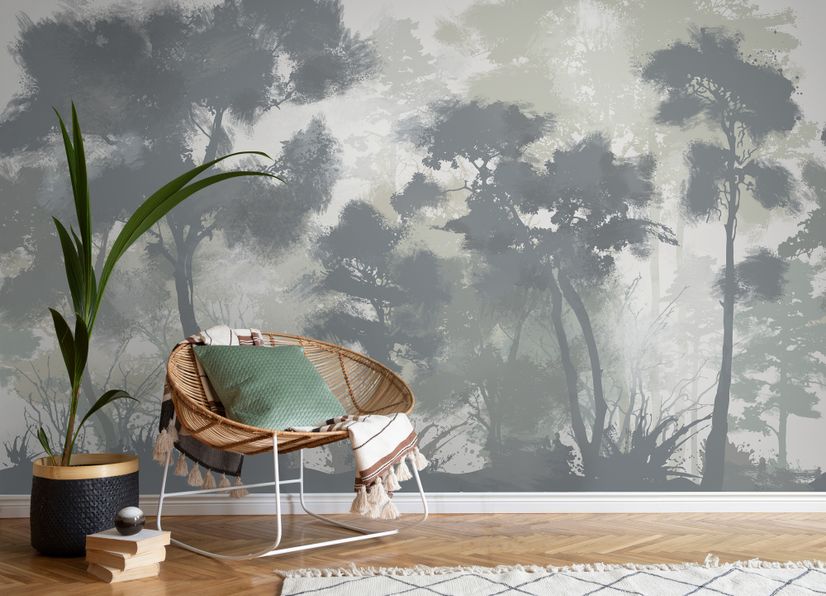 Monochrome Forest Silhouette Landscape Wallpaper Mural
