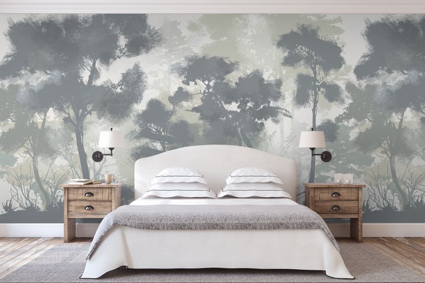 Monochrome Forest Silhouette Landscape Wallpaper Mural
