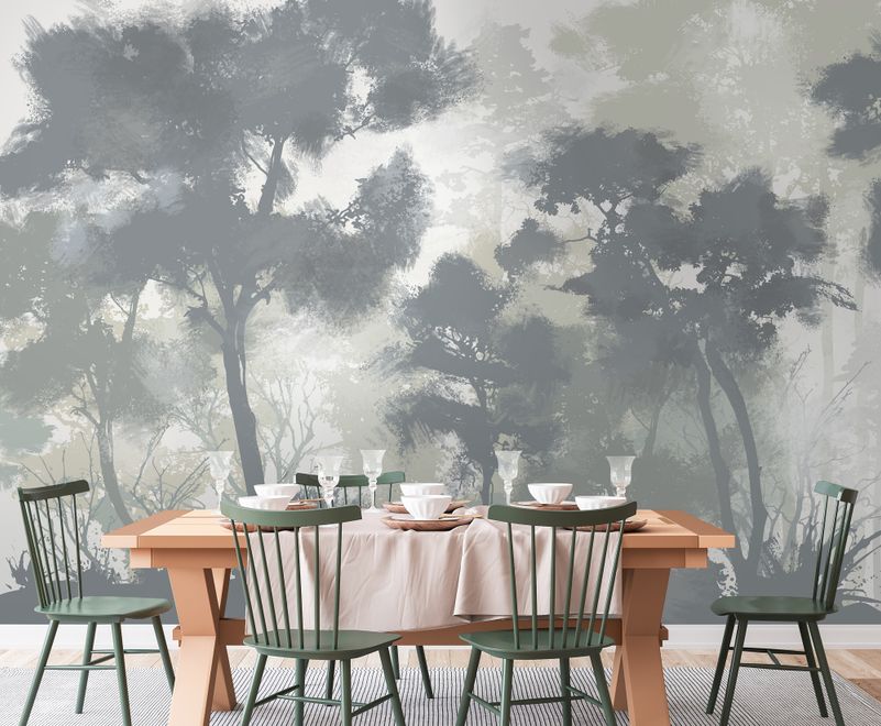 Monochrome Forest Silhouette Landscape Wallpaper Mural