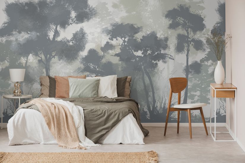 Monochrome Forest Silhouette Landscape Wallpaper Mural