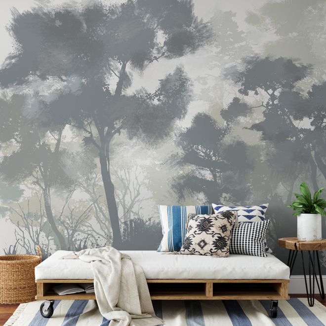 Monochrome Forest Silhouette Landscape Wallpaper Mural