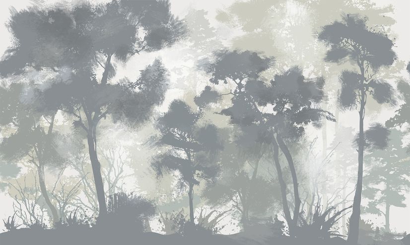 Monochrome Forest Silhouette Landscape Wallpaper Mural