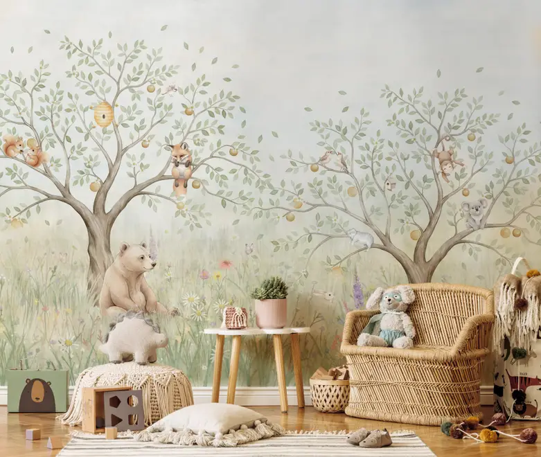 Kids Soft Pastel Forest Animals Wallpaper Mural