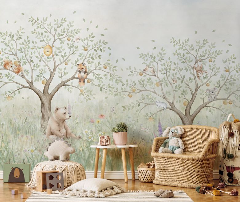 Kids Soft Pastel Forest Animals Wallpaper Mural