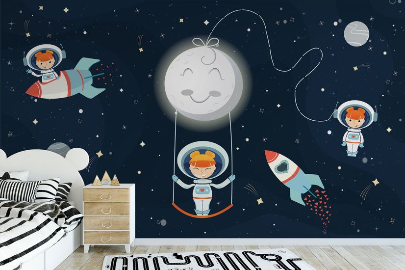 Astronaut Girls in the Space Ship Wallpaper Mural