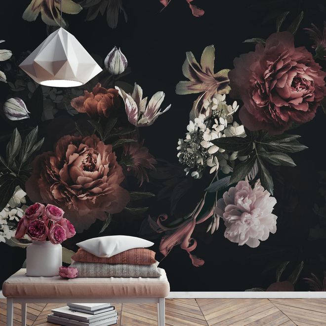 Realistic Dark Peony Floral Bouquet Wallpaper Mural