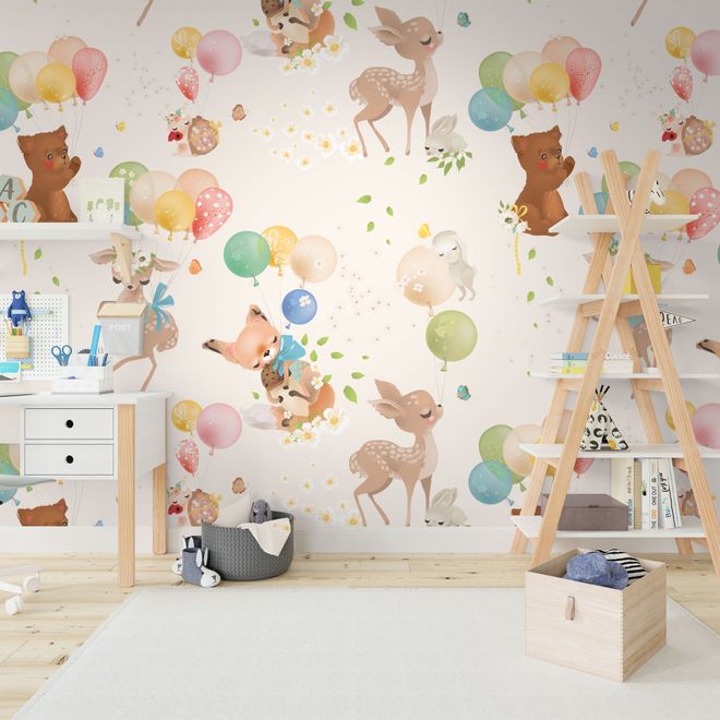 Cute Animals Flying with Hot Air Balloons Kids Wallpaper Mural