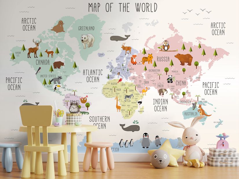 Kids Nursery Educational Continent World Map Wallpaper Mural