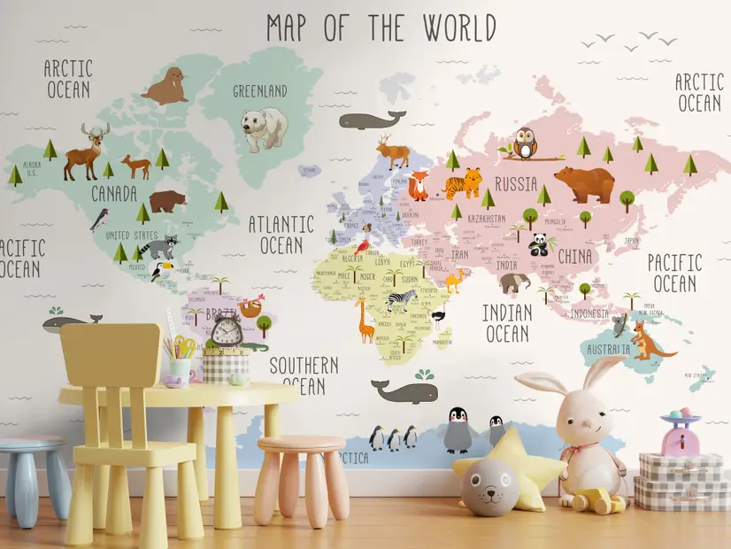 Kids Nursery Educational Continent World Map Wallpaper Mural