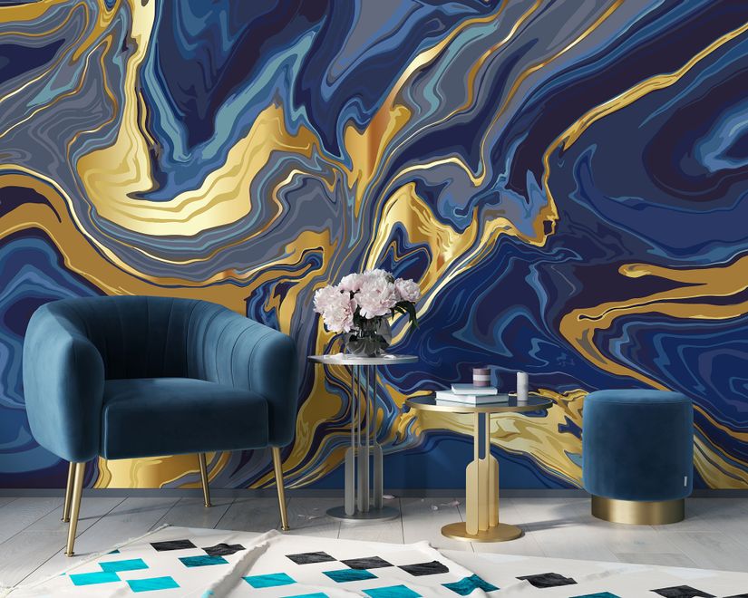 Liquid Abstract Marble Art Gold Blue Gradient Wallpaper Mural