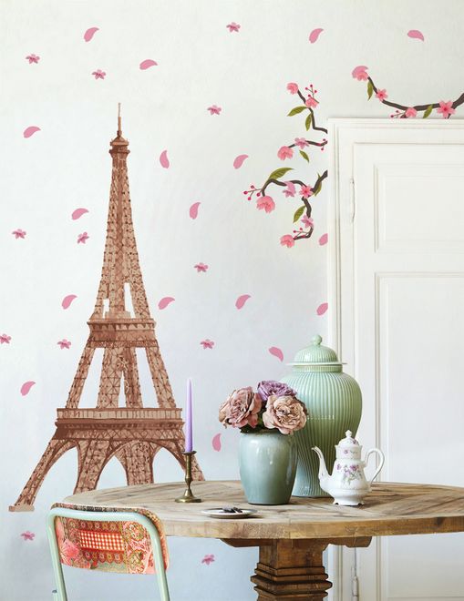 Home Bedroom Living Room Eiffel Tower Decoration Vinyl Cherry Blossom Wall  Decal