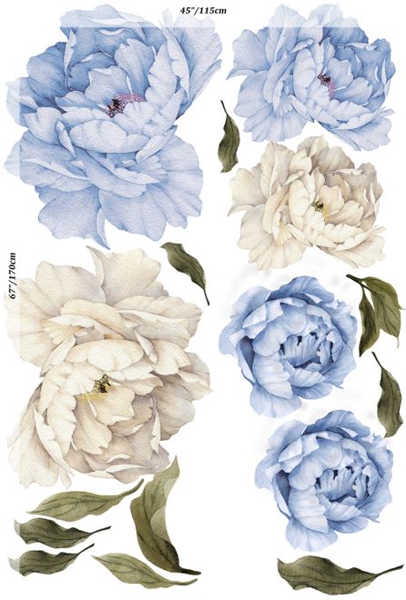 Blue White Peony Floral Bouqets with Green Leaves Wall Decal Sticker