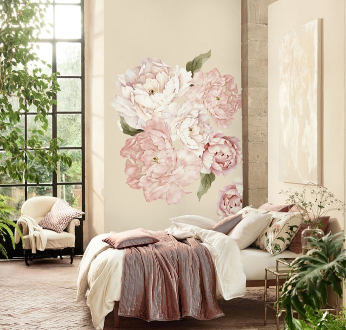 Pink Peony Floral Bouqets with Green Leaves Wall Decal Sticker
