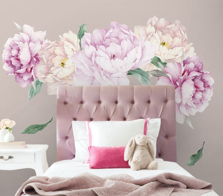 Watercolor Pink White Floral Bouqets with Green Leaf Wall Decal Sticker