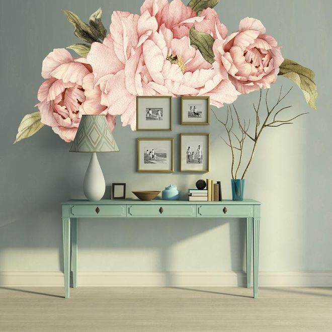 Pink Peony Florals with Green Leaf Wall Decal Sticker