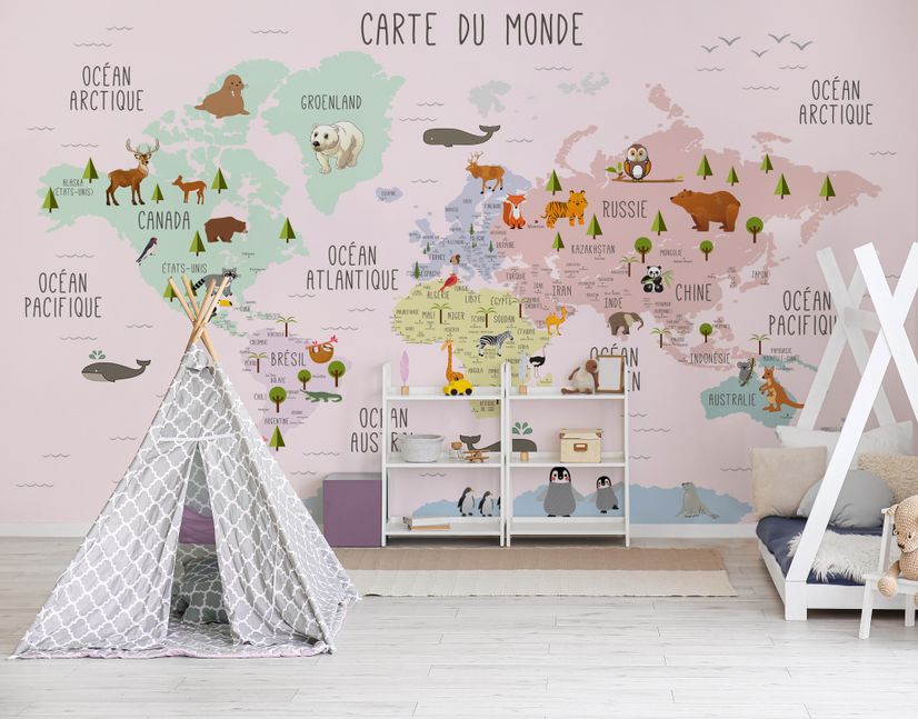 Carte éducatif en Français - Papier peint carte du monde éducative avec animaux pour enfants et bébé