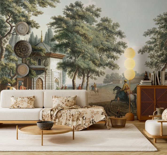 Vintage Rural Landscape with Village Folk Wallpaper Mural