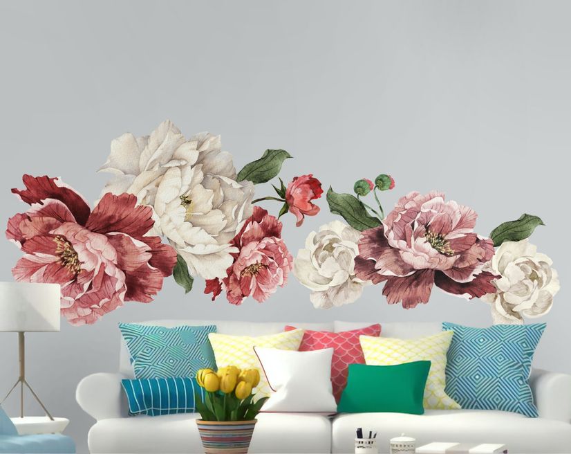 Vintage Red White Peony and Rose Floral Bouqets Wall Decal Sticker
