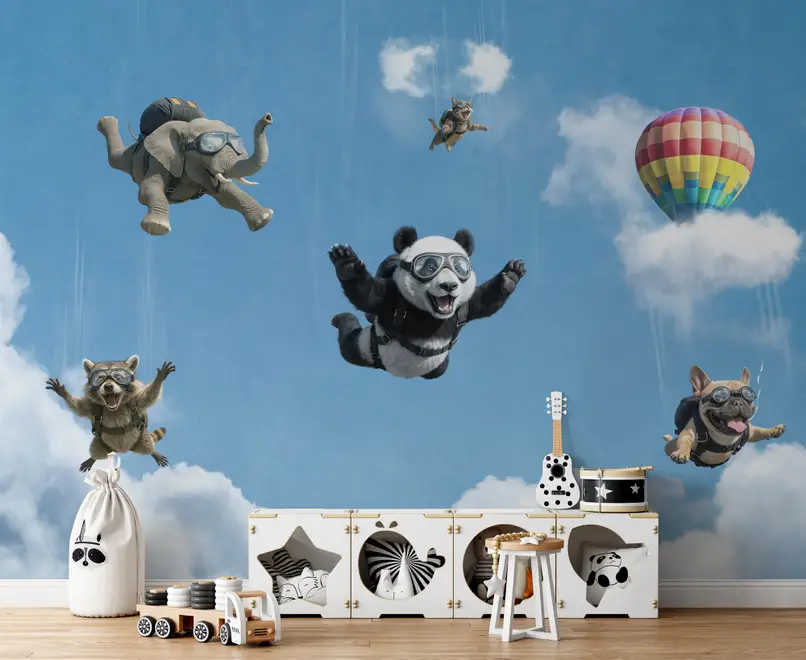 Kids Playful Animal Skydiving Wallpaper Mural