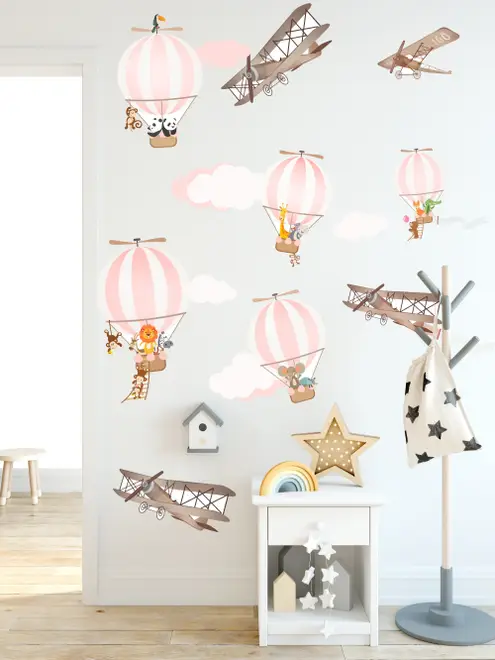 Kids Pink Hot Air Balloon and Brown Aircraft with Clouds Wall Decal Sticker