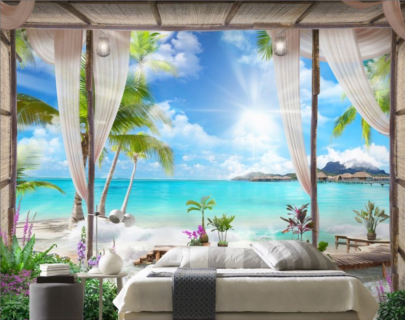 3D Look  Blue Sea Landscape with Old Arches and Palm Trees Wallpaper Mural
