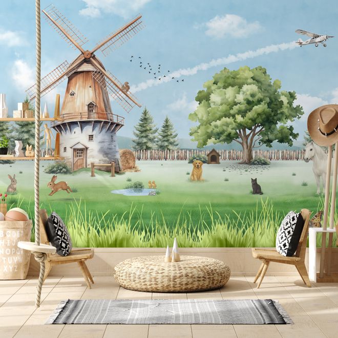 Cute Kids Windmill Farm Animals Wallpaper Mural