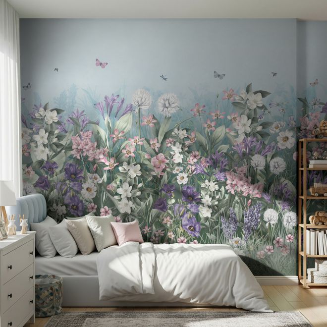 Soft Blooming Floral Meadow  Kids Wallpaper
