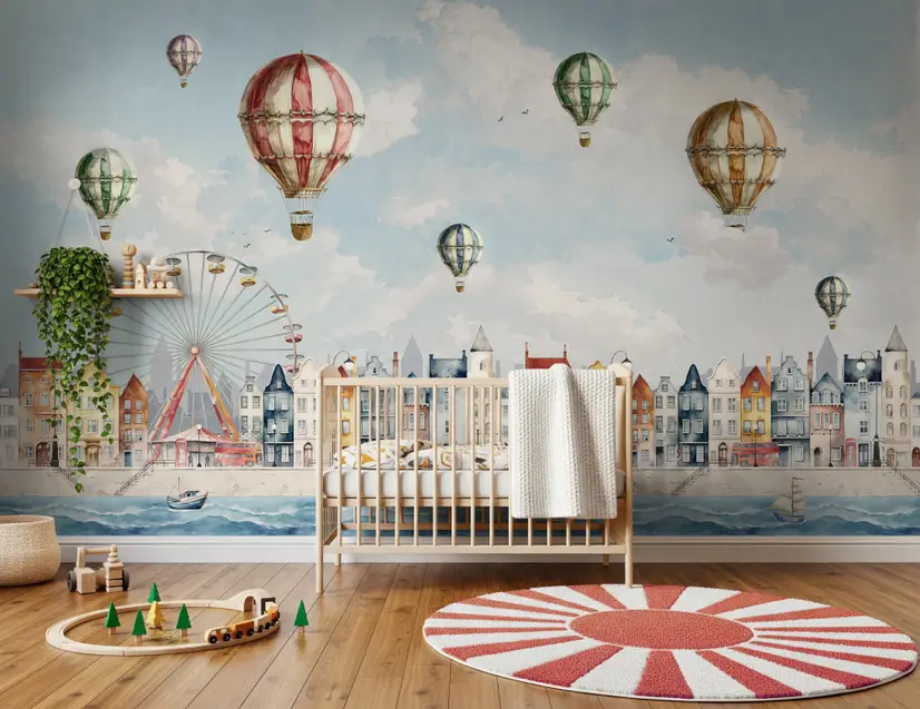 Kids Harbor Village and Hot Air Balloons Wallpaper Mural