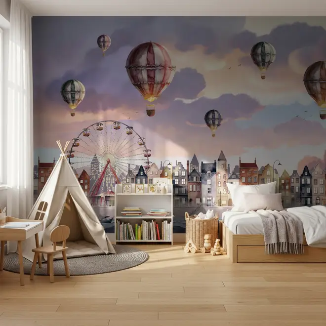 Kids Harbor Village and Hot Air Balloons Wallpaper Mural
