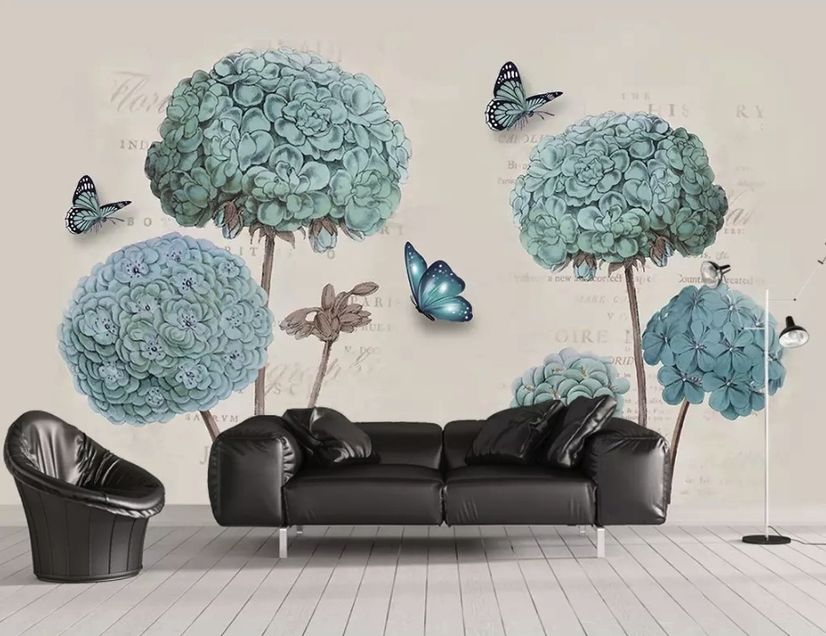 Light Blue Hydrangea Flowers and Butterflies Wallpaper Mural
