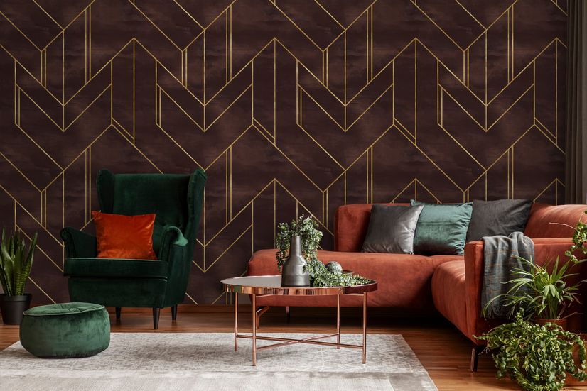 Art Deco with Gold Faux Lines Geometric Art Deco Wallpaper Mural