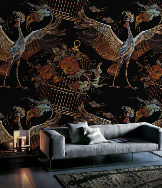 Crane Birds and Flowers with Golden Cage Wallpaper Mural