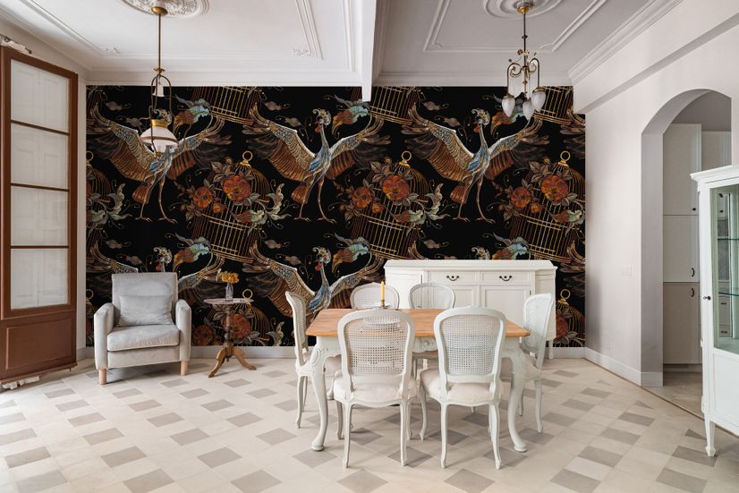 Crane Birds and Flowers with Golden Cage Wallpaper Mural