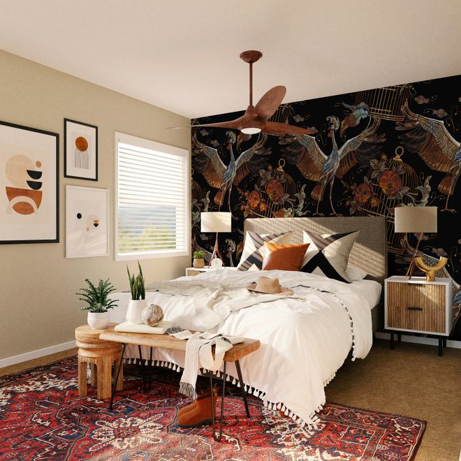 Crane Birds and Flowers with Golden Cage Wallpaper Mural