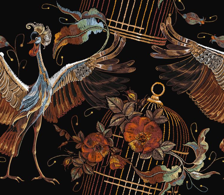 Crane Birds and Flowers with Golden Cage Wallpaper Mural